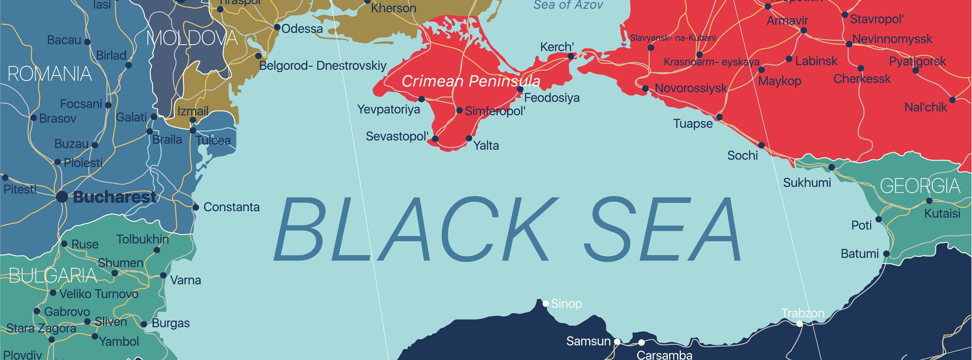 منطقة البحر الأسود خريطة مفصلة قابلة للتحرير مع مناطق المدن والبلدات والطرق والسكك الحديدية والمواقع الجغرافية